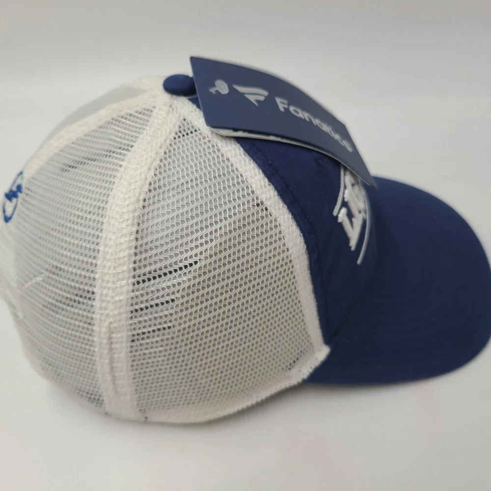 Tampa Bay Lightning Hat Snapback Trucker Mesh Fanatics Blue White NHL Split Bar